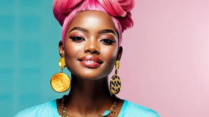 Portrait of a Stylish Woman with Pink Hair and Bold Accessories Against a Colorful Background