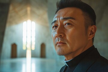 Pensive Priest in Modern Church Interior