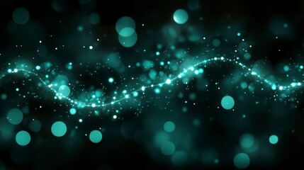 Abstract background with teal glittering particles and bokeh lights on a dark background. The particles form a wavy line across the image.