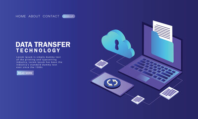 Isometric Cloud data storage center and cloud computing concept, Data transfer upload-download process by laptop, smartphone