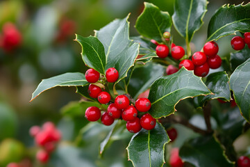Fototapeta premium Holly Berries: Red Jewels on Green Leaves