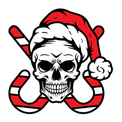 Santa Skull | Dead Human | Evil Santa | Crossed Candy Cane | Scary Santa | Red Santa Hat | Horror Skull | Sweet Candy Cane | Original Illustration | Vector and Clipart | Cutfile and Stencil