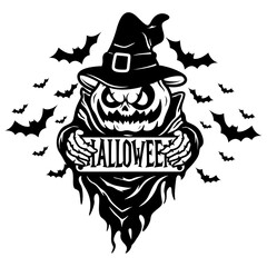 Scary Pumpkin | Wild Bats | Halloween | Happy Halloween | Scary Pumpkin Mascot | Night Scene | Witch Hat | Angry Pumpkin  | Original Illustration | Vector and Clipart | Cutfile and Stencil