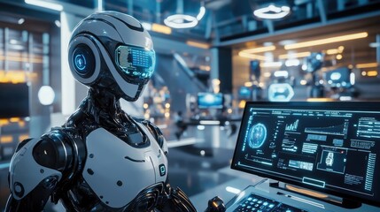 White Robot Operating Computer In A Futuristic Laboratory Environment. High Tech Scene. Realisitic 3D Renderings. Science Fiction Laboratory. Scientific Research And Innovation Concept. Future