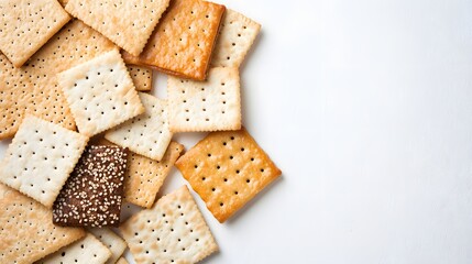 Stack of salted square crackers on white surface background