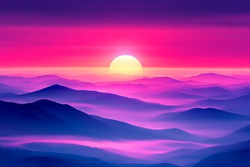 Fototapeta premium Majestic purple mountains under a fiery orange sunset lush green valleys below sweeping panoramic view tranquil wilderness