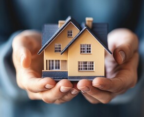 Close-up of hands holding a detailed house model, symbolizing real estate investment, home security, and financial stability. Ideal for mortgage, housing, and property ownership themes