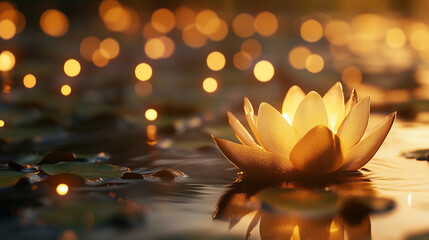 Glowing Lotus Flower on Water Symbolizing Theravada and Mahayana New Year: Spiritual Awakening and Enlightenment