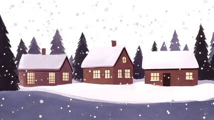 Fototapeta premium Snowy Winter Village Houses Cozy Christmas Scene