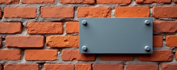 Mockup of small gray square shop sign on brick wall, signage, mockup