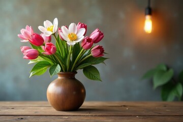 Fresh spring flowers in a wooden vase on a rustic table with a soft light bulb glow, spring, home decor