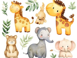 Obraz premium Adorable Watercolor Safari Animals Giraffe Elephant Lion Cub Clipart