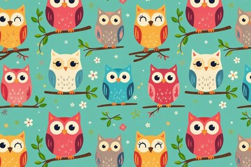 Playful group of colorful owls on a seamless pattern background, birds, whimsical