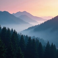 Obraz premium Foggy mountainous fir forest at dawn with mist rising from trees, landscape, firs, morning