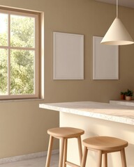 Beige kitchen interior with two wooden stools at a kitchen island, featuring a large window with natural light and two blank picture frames on the wall.