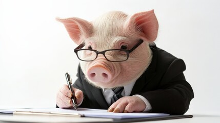 A pig in a classic executive outfit, signing an investment deal, photorealistic, isolated on white background