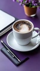 Close up view of a cappuccino in a white cup, accompanied by a pen, notebook, and small purple flowers on a purple surface. 