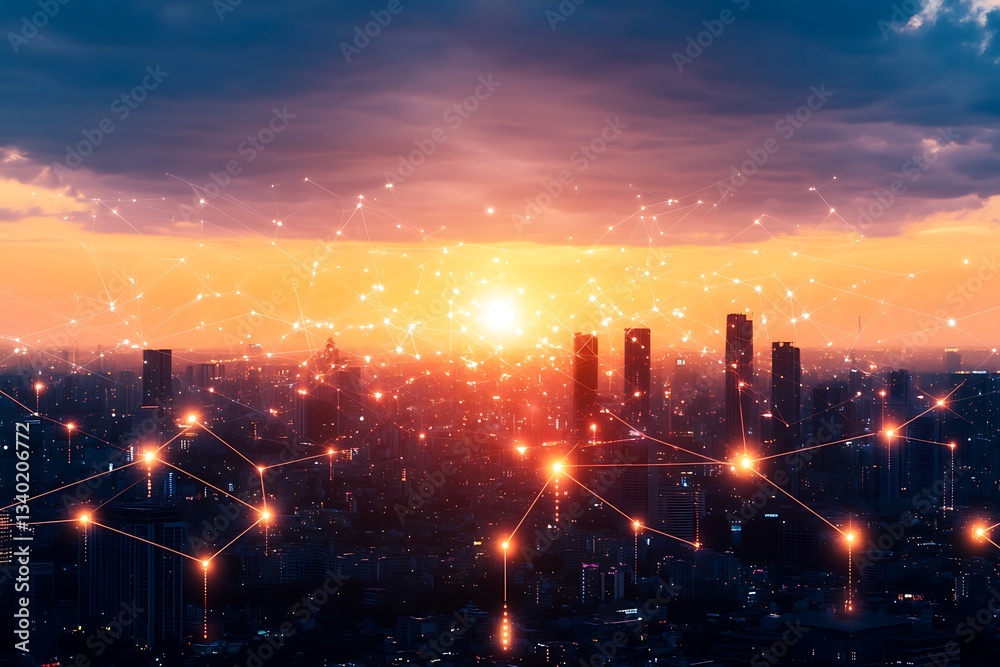 Wall mural dynamic visualization of earth at night showing illuminated cities connected by glowing network line