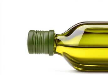 Close up of a bottle of olive oil with a textured green cap against a white background. The bottle is partially visible, highlighting the golden yellow color of the oil.