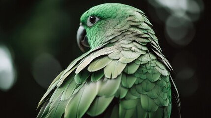 Obraz premium A striking visual contrast is created by a vivid snapshot of intricate textures highlighting green parrot feathers against a dark backdrop.