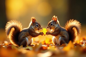 Fototapeta premium Family of squirrels playing with fallen leaves, fun, seasons, forest