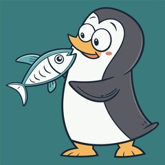 Penguin excitedly holds a fish with joy in a playful cartoon style