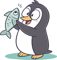 Obraz premium Penguin excitedly holds a fish with joy in a playful cartoon style