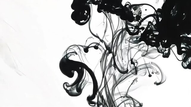 Black liquid spreads through water against a white background forming smoky designs.