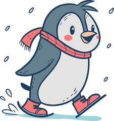 Cute penguin skating joyfully on a snowy surface during winter fun activities