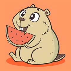 Cheerful cartoon beaver enjoying a slice of watermelon against a bright orange background
