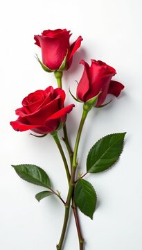Three vibrant red roses on a pristine white background, isolated, elegance