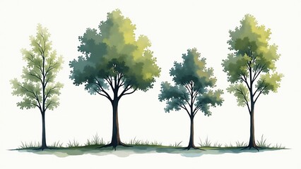 Fototapeta premium Watercolor Illustration of Four Different Trees on a White Background