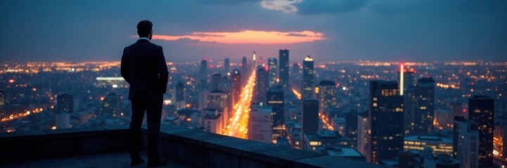 Executive standing on a rooftop with panoramic view of the city at night, cityscape, business tower