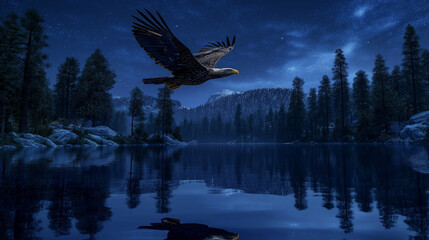 eagle flying on a moonlight with lake reflection.