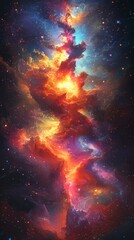 Fototapeta premium Vibrant nebula with swirling colors of red, orange, yellow, and blue against a dark space background. Intense light emanates from the center, creating a dynamic cosmic scene.