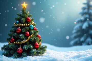 Obraz premium Evergreen Christmas tree with ornaments of various colors in a frosty winter background, evergreen, winter, festive atmosphere