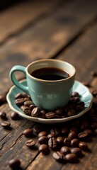 Espresso cup on old wooden table with scattered coffee beans, coffee beans, wooden table