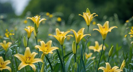 Yellow daylilies in a meadow with blurred green foliage background