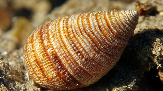 Beautiful orange spiral shell resting on sandy ocean floor with sunlight illuminating its textures