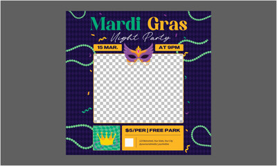 Mardi Gras Socials Media. Happy Mardi Gras festival background. Mardi Gras carnival celebration. Cartoon Vector illustration design Template for Poster, Banner, Flyer, Greeting, Card, Post, Cover. 