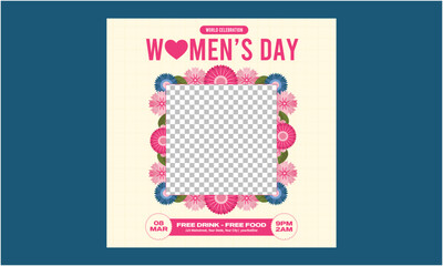 Women's Day Socials Media. Mother's Day card, banner, poster, flyer, label or cover with flowers frame, abstract floral pattern in mid century art style.