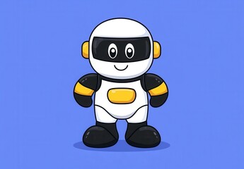 Fototapeta premium Friendly white robot with yellow and black accents against a blue background. Pixel art style illustration.
