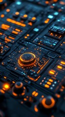 Obraz premium Close up of a futuristic technological control panel with glowing orange and blue lights, intricate circuitry, and various knobs and dials.