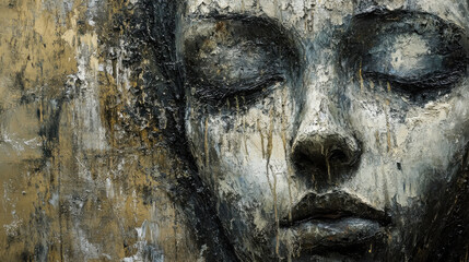 A close-up shot of a melancholic figure, their face emerging from the canvas like an aged fresco, dramatic lighting emphasizing the rough textures