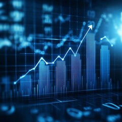 Fototapeta premium Abstract digital cityscape with upward trending graph, glowing blue hues, data points, and grid background. Represents growth and progress in technology or finance.