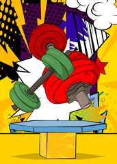 Comic Book Product podium stage for mockup presentation with Dumbbell. Retro comics background.
