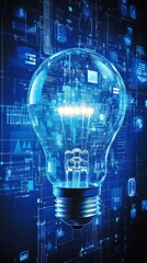 Fototapeta premium Glowing lightbulb with integrated circuit pattern, set against a dark blue digital background. The image conveys innovation and technological advancement.