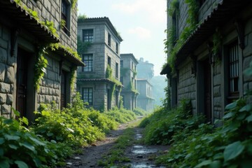 Dismal urban landscape with grey stone buildings and overgrown vegetation,  decay,  metal, grey