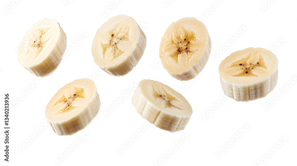 Poster perfectly sliced banana pieces levitating on a clean white background with a modern minimalistic aes
