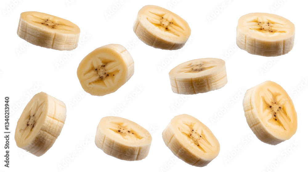 Aufkleber perfectly sliced banana pieces levitating in a crisp minimalistic white background composition